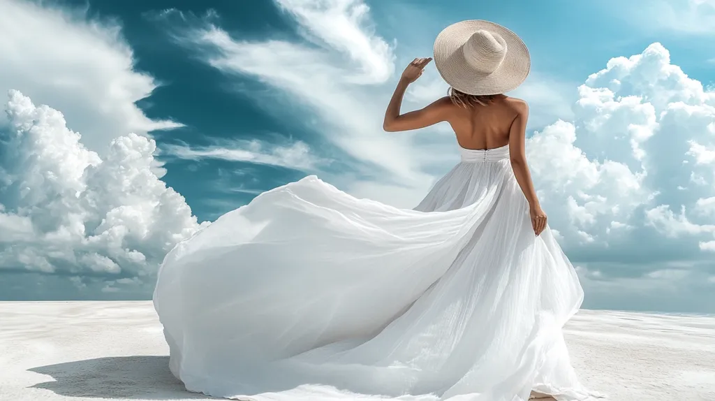 A woman in a flowing white gown and large sun hat stands on a white sandy expanse, her back to the camera.  The dress billows dramatically in an unseen breeze.  The sky above is a vibrant mix of blue and fluffy white clouds, creating a dreamy, ethereal scene. The overall impression is one of serenity and freedom.