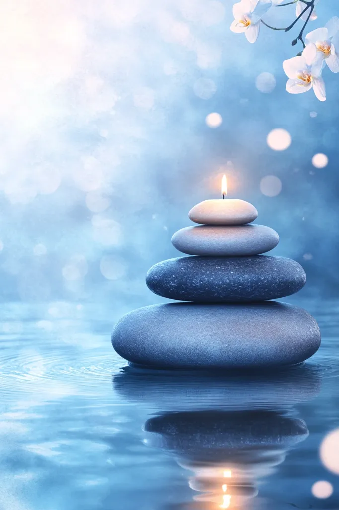 A serene image depicts a stack of three smooth, gray stones, atop which rests a small, lit candle.  The stones are nestled in calm, blue water, reflecting the scene.  White orchids are subtly visible in the upper right corner, adding to the tranquil ambiance.  The background is a soft, dreamy blue with bokeh effects, creating a peaceful and meditative atmosphere. The overall effect is one of tranquility and balance.