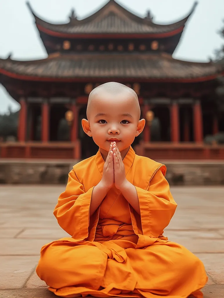 A young, bald boy, dressed in a vibrant orange monk's robe, sits in a meditative pose in front of a traditional East Asian temple.  His hands are pressed together in prayer or a gesture of respect. The temple, with its intricate roofline and dark wood, forms a striking backdrop, suggesting a serene and spiritual setting. The overall mood is one of peace and contemplation.