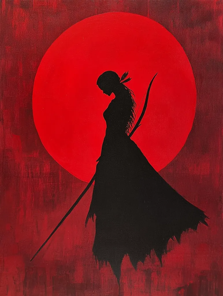 The painting is a stylized silhouette of a woman, possibly a warrior, against a large, vibrant red circle, suggesting a setting sun or moon.  She is depicted in profile, her long hair flowing down her back, holding a longbow. The woman's dark form contrasts sharply with the fiery red background, creating a dramatic and evocative image. The style is minimalist, focusing on shape and color to convey a sense of mystery and possibly solitude.  The rough texture of the red background adds to the overall mood.