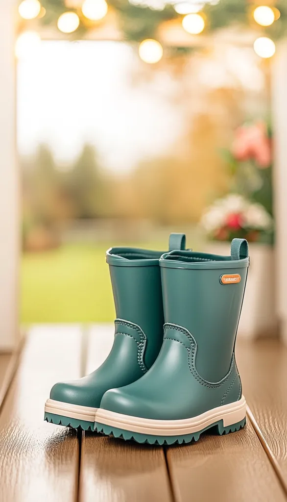 Here's a description of the image:

A pair of teal children's rain boots sits on a brown deck, facing the viewer. The boots have a cream-colored sole and a slightly rugged tread. They're positioned in front of a blurred background, which features out-of-focus string lights, greenery, and possibly flowers, suggesting an outdoor setting. The overall feel is cheerful and autumnal.  The lighting is soft and warm, highlighting the boots against the softly lit backdrop.