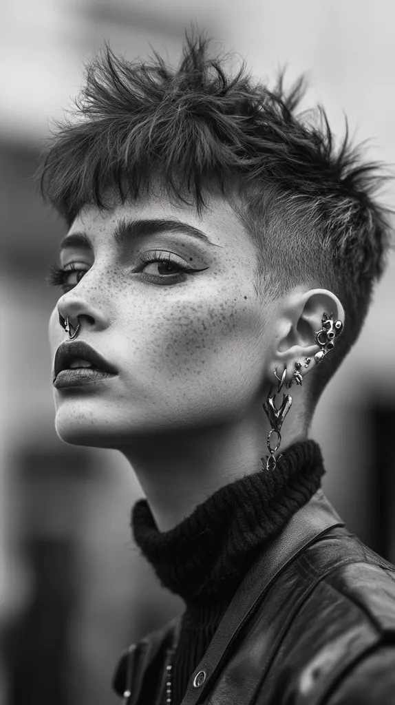 Here's a description of the image:

A black and white, close-up portrait captures a young woman with a short, textured hairstyle. Her hair is styled upwards, creating a spiky effect. She possesses a fair complexion adorned with freckles and piercing eyes accentuated by eyeliner.  Multiple earrings and a septum piercing are visible. She wears a high-necked, dark turtleneck sweater under a leather jacket. The background is blurred, drawing focus to the model's striking features and edgy style. The overall mood is one of cool, confident rebellion.