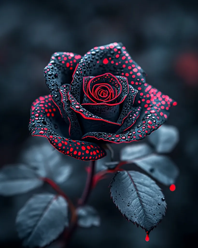 A striking image showcases a single, dark rose, seemingly black, adorned with vibrant red dots along its petals and edges.  Water droplets cling to its velvety surface, enhancing its dramatic appearance. The rose's deep color contrasts beautifully with the muted grey-blue tones of its leaves and the blurred background.  A single drop of red hangs from a leaf, adding a touch of surrealism to the overall composition.  The overall effect is one of elegant darkness and captivating beauty.