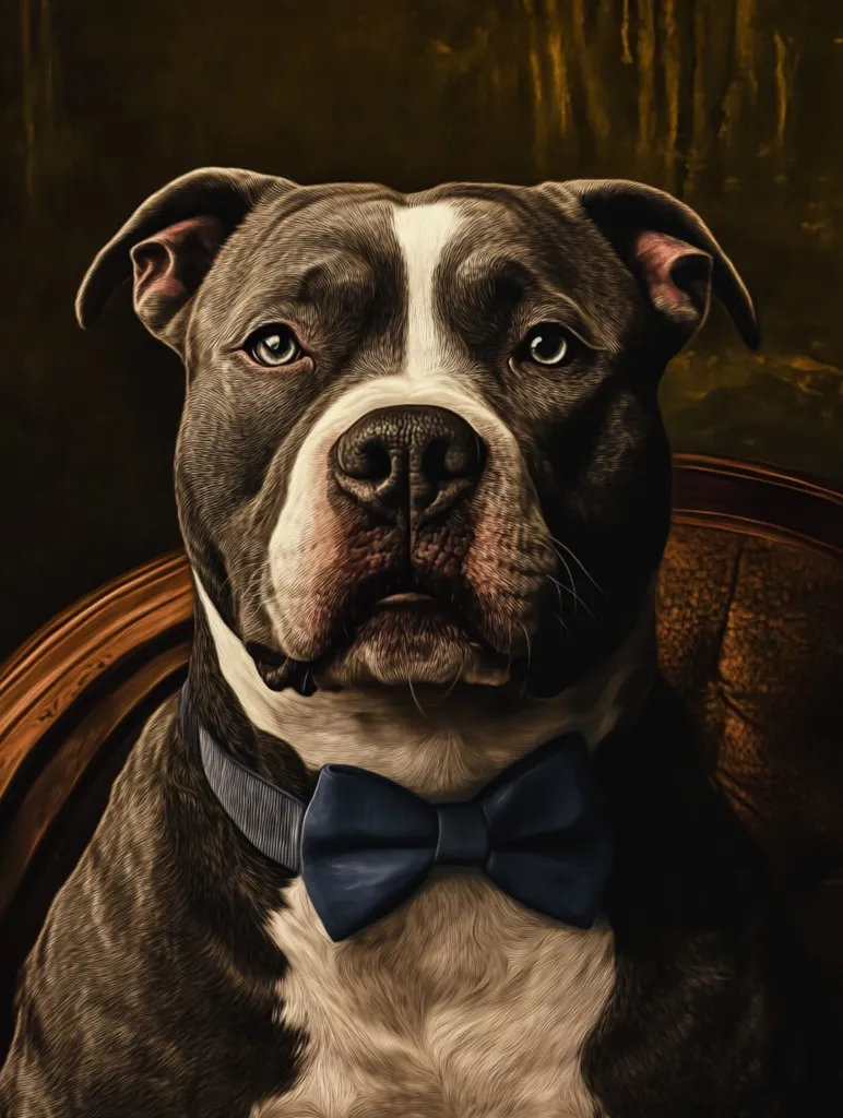 Here's a description of the image:

The image is a stylized portrait of a gray and white Pit Bull Terrier.  The dog is positioned centrally, facing the viewer, and sits in a dark, ornate chair. It wears a dark blue bow tie. The style mimics classical oil painting, with a focus on texture and rich, dark tones in the background. The dog’s expression is serious and composed, adding to the overall dignified feel of the portrait.  The painting has a dark, moody, yet elegant atmosphere.
