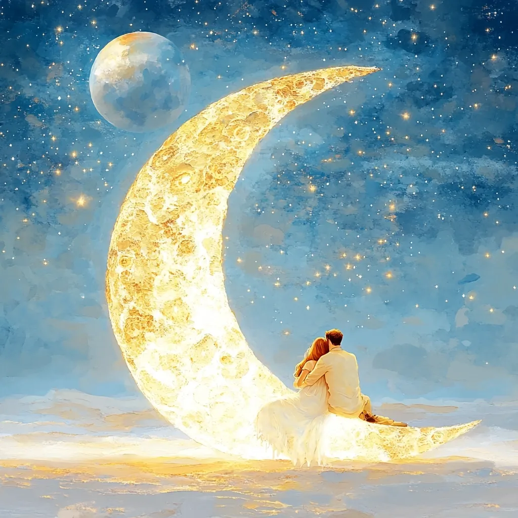 Here's a description of the image:

The artwork depicts a romantic scene under a starry night sky. A luminous crescent moon, radiating a warm golden light, dominates the center.  A man and woman, embracing, sit serenely on the moon's surface, their backs to the viewer.  The woman's long white dress flows gently.  A smaller, bluish full moon hangs in the upper left corner, adding depth to the celestial setting. The overall style is soft, dreamy, and evocative of a whimsical fairytale.