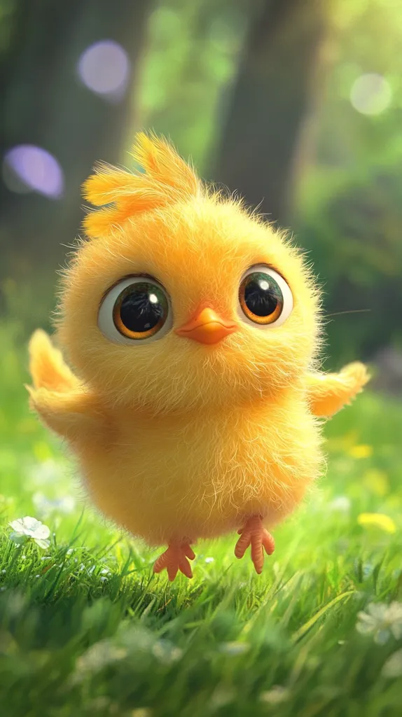 Here's a description of the image:

The image is a digital rendering of an adorable, fluffy yellow chick.  Its large, expressive eyes and tiny orange feet are prominent features. The chick is depicted mid-hop, seemingly airborne above a lush green patch of grass dotted with small white flowers.  The background is a softly blurred, out-of-focus green, suggesting a forest setting, creating a sense of depth and serenity.  The overall style is cute and whimsical, designed to evoke feelings of warmth and happiness.