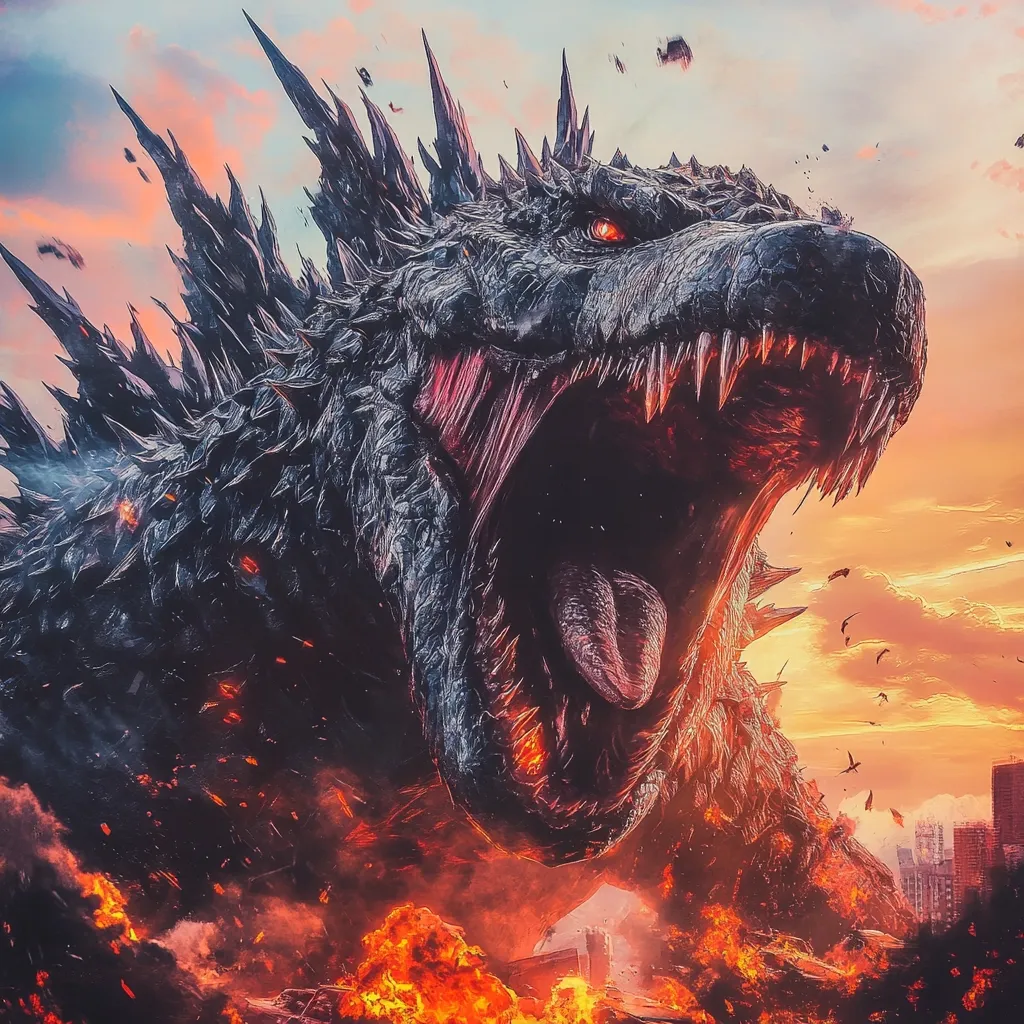 A terrifying depiction of Godzilla, a colossal monster, dominates the image.  Its dark, spiky scales and gaping maw filled with sharp teeth are illuminated by fiery orange and red hues.  The monster's glowing red eye adds to its menacing appearance.  A city is engulfed in flames in the background, suggesting widespread destruction in its wake. The dramatic sunset enhances the apocalyptic atmosphere. The overall style is a blend of digital painting and photo manipulation, creating a powerful and awe-inspiring visual.