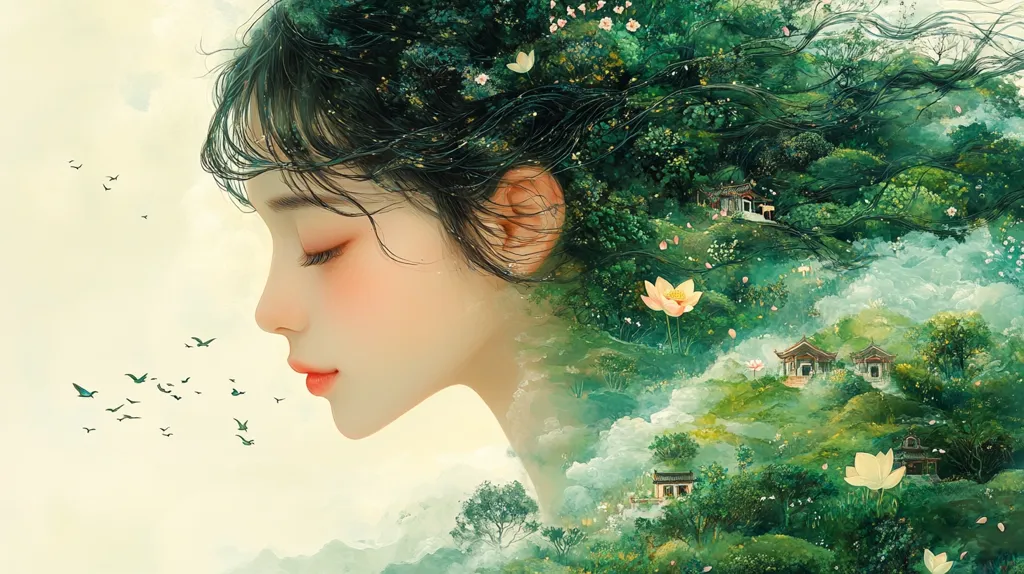 The artwork depicts a serene young woman in profile, her dark hair flowing like a lush, verdant landscape.  Her hair blends seamlessly into a vibrant scene of rolling hills, quaint houses nestled amongst trees, and delicate flowers.  Small birds flit across a soft, pale sky above. The overall effect is ethereal and dreamlike, suggesting a harmonious union between nature and the human spirit.  The color palette is soft and muted, adding to the peaceful atmosphere.