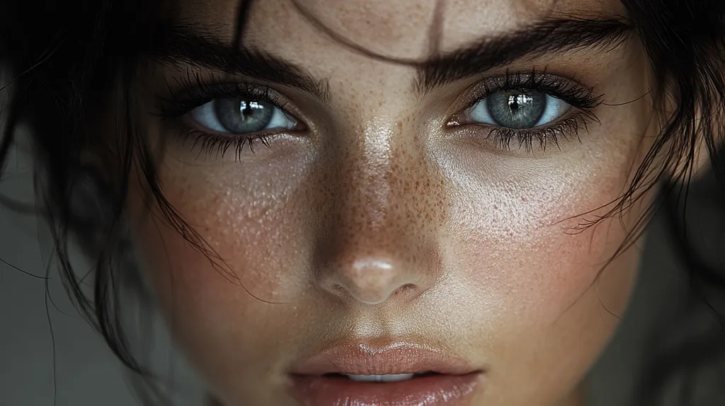 Close-up of a woman's face.  She has striking grey eyes, dark eyebrows, and light skin with visible freckles. Her dark hair partially obscures her face.  The lighting highlights her features, emphasizing her complexion and the texture of her skin. The overall impression is one of natural beauty and a captivating gaze.