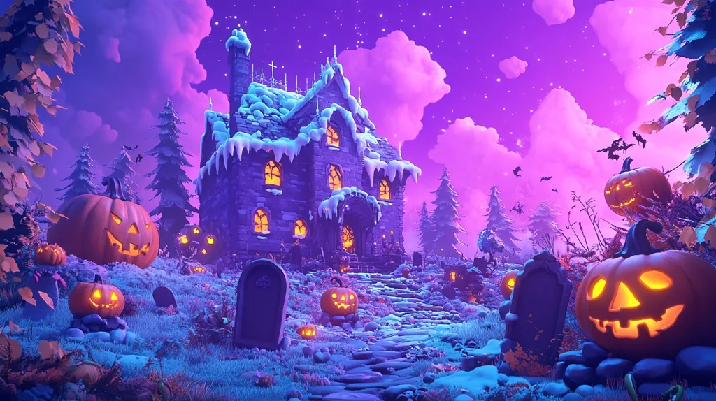 Here's a description of the image:

A whimsical Halloween scene unfolds under a vibrant purple and pink twilight sky.  A snow-dusted gothic mansion, glowing warmly from within, sits at the heart of the image.  Jack-o'-lanterns of varying sizes are scattered around the house and a stone pathway leading to its entrance, some nestled amongst gravestones.  Dark evergreen trees frame the scene, adding to the festive yet slightly eerie atmosphere.  Bats flit across the sky, enhancing the Halloween theme. The overall style is cartoonish and vibrant, creating a charmingly spooky setting.