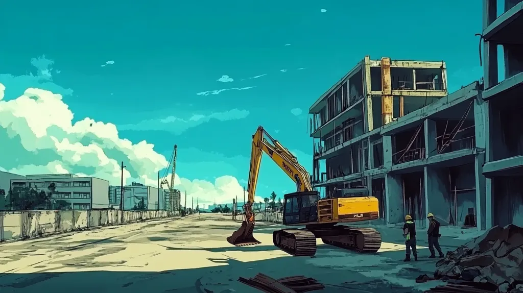 Here's a description of the image:

The illustration depicts a vibrant, sunny cityscape under a bright blue sky dotted with fluffy white clouds. A large yellow excavator sits prominently in the foreground, parked near a partially demolished concrete building.  The building's skeletal structure reveals an unfinished interior. Two construction workers in hard hats stand observing near a pile of rubble.  In the background, other buildings and a construction crane are visible, suggesting a large-scale urban development or demolition project. The overall style is stylized, resembling digital painting or concept art. The color palette is bold and contrasting, with the bright yellow of the excavator standing out against the muted grays and blues of the buildings.