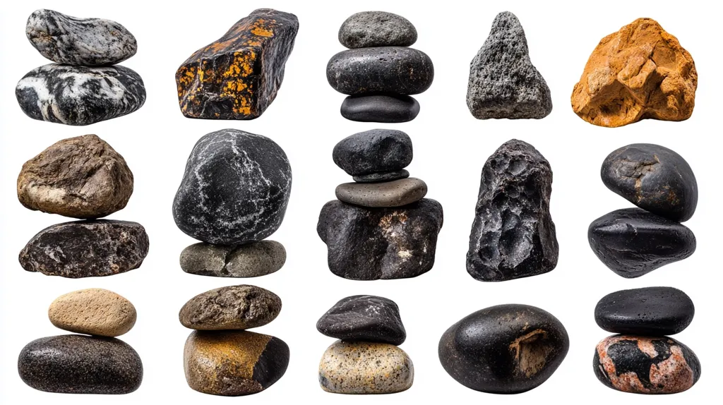 Here's a description of the image:

The image showcases a collection of various rocks and stones, many arranged in balanced stacks of two or three, against a stark white background.  The stones display a diverse range of shapes, sizes, colors, and textures.  Some are smooth and rounded, others rough and jagged, exhibiting hues from dark gray and black to lighter browns and tans. The overall composition suggests a focus on the natural beauty and variations found in geological formations.  Several stones appear to be polished, while others maintain a more natural, unrefined appearance.