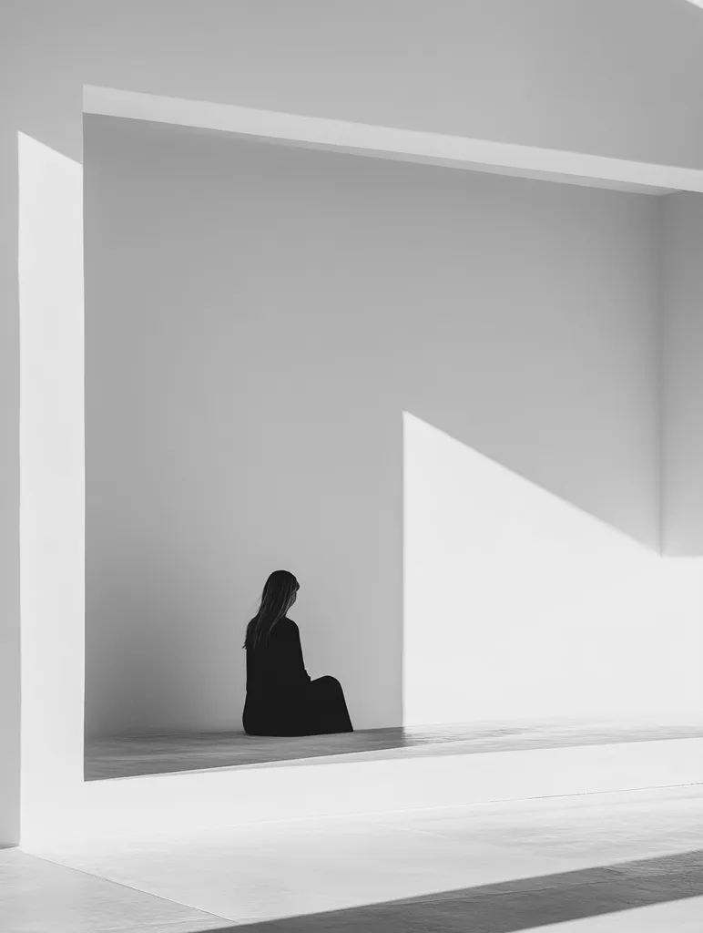Here's a description of the image:

The monochromatic photograph showcases a woman in a dark, long-sleeved dress sitting in a recessed alcove of a stark white, minimalist structure. The architecture is defined by clean lines and sharp angles, creating a strong contrast with the soft curves of the woman's figure.  Sunlight casts dramatic shadows across the white walls, highlighting the architectural features and emphasizing the solitary figure within. The overall mood is one of quiet contemplation and solitude.