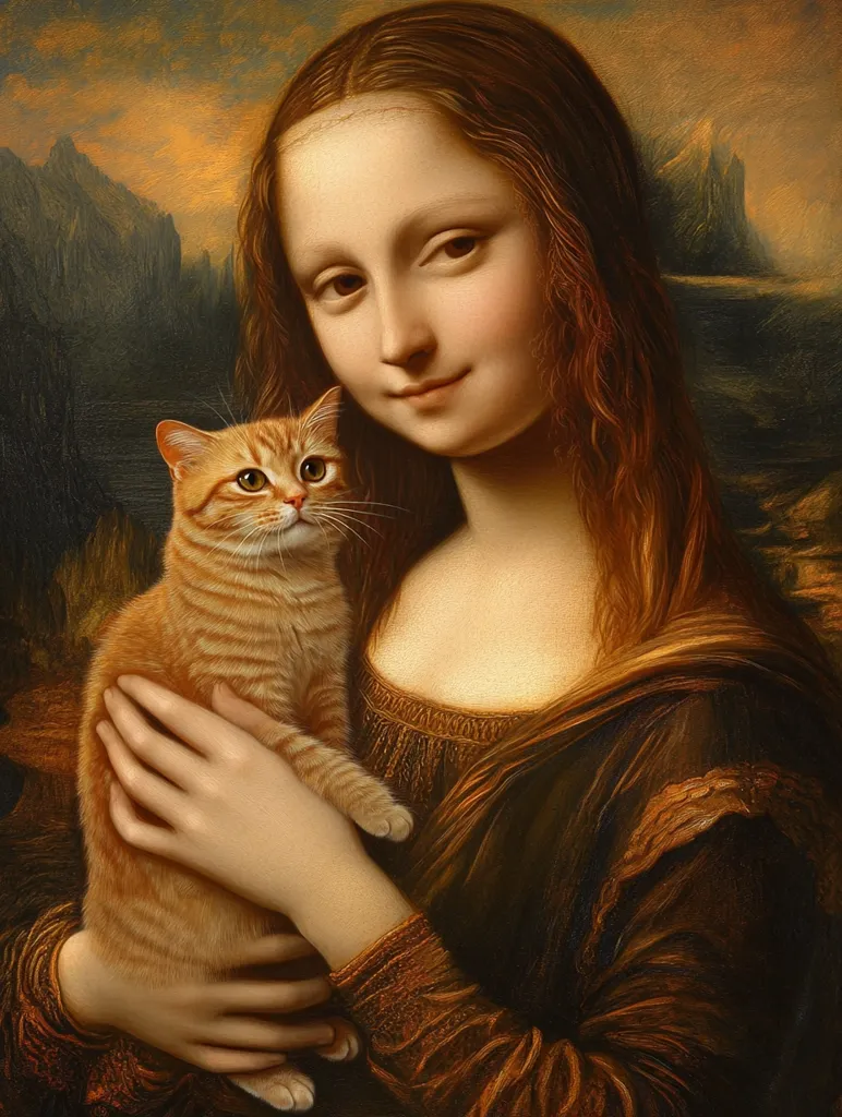 Here's a description of the image:

The image is a playful reimagining of Leonardo da Vinci's Mona Lisa.  The iconic figure is depicted in the same pose and attire, but cradles a ginger tabby cat in her arms instead of her enigmatic smile.  The cat's orange fur contrasts subtly with the muted tones of Mona Lisa's dress and the landscape in the background, which retains the original painting's hazy, mountainous scenery. The artist has successfully blended the cat seamlessly into the classical style of the painting, creating a humorous and engaging juxtaposition of old and new.