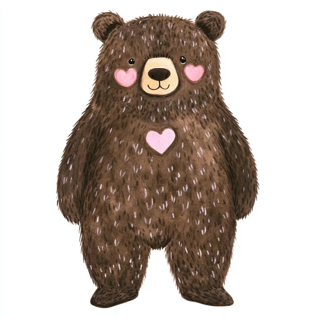 Here's a description of the image:

The illustration showcases a charming, cartoonish brown bear, rendered in watercolor.  It's depicted standing upright against a white background.  The bear has small, pink hearts painted on its cheeks and a larger pink heart on its chest, adding a touch of Valentine's Day sweetness.  The bear's fur is detailed with small strokes, giving it a soft, textured appearance. The overall style is cute and friendly, suitable for children's books or greeting cards.