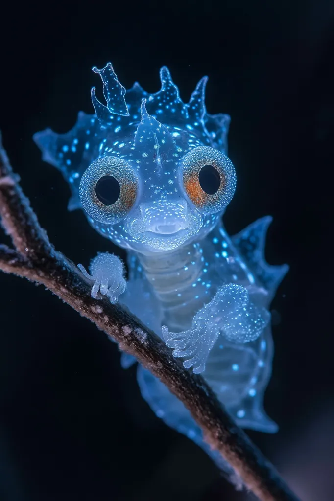 Here's a description of the image:

Close-up view of a bioluminescent sea creature, possibly a type of sea slug or nudibranch.  Its body is translucent, glowing a vibrant blue, speckled with tiny points of light. It possesses large, expressive, dark-pupiled eyes with orange-tinged irises, giving it an almost cartoonish appearance.  Small, delicate appendages extend from its body and head, creating a crown-like effect.  The creature is delicately perched on a dark brown branch, against a completely black background, enhancing its ethereal glow.  The image's sharpness and contrast highlight the intricate details of the creature's translucent skin and delicate structure.