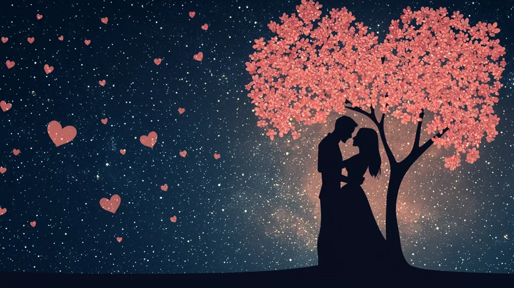 Here's a description of the image:

The image depicts a romantic silhouette of a couple embracing under a blossoming pink tree against a night sky sprinkled with stars and small, floating hearts. The couple is centrally positioned, their forms dark against the lighter background. The tree's branches are laden with delicate pink blossoms, creating a heart-shaped canopy above them. The overall aesthetic is dreamy and romantic, evoking feelings of love and tranquility.  The scattered hearts throughout the image add to the romantic atmosphere.