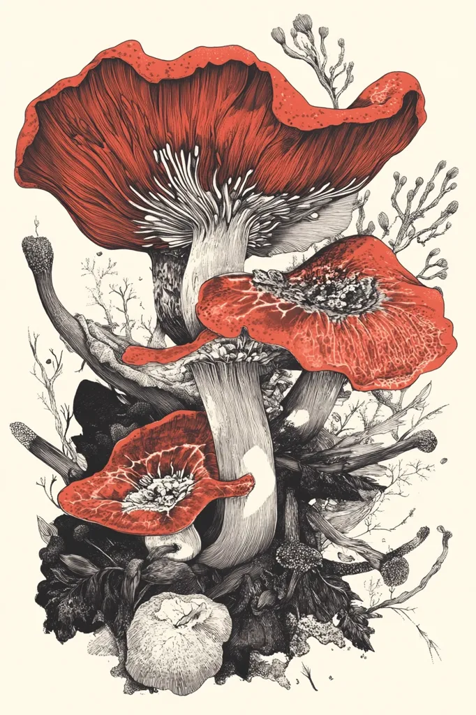 Here's a description of the image:

The illustration showcases a vibrant cluster of red mushrooms, meticulously rendered in a style that blends botanical accuracy with artistic flair.  The mushrooms are the focal point, their caps a rich, deep red against a cream background, detailed with fine lines suggesting texture and delicate gills.  The stems and surrounding foliage are rendered in black ink, creating a striking contrast.  Various smaller fungi and plant life are intertwined, suggesting a dense, thriving ecosystem. The overall style is reminiscent of a vintage scientific illustration, but with a heightened sense of drama and color.