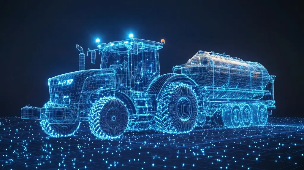 A digital rendering depicts a large agricultural tractor pulling a tanker trailer.  The tractor and trailer are rendered as glowing blue wireframes, suggesting a technological or futuristic concept. The wireframe structure is detailed, showing the contours of the vehicle.  It sits on a dark blue, similarly textured surface, creating a cohesive, digital aesthetic. The image evokes themes of precision agriculture, technological advancement, and data visualization within farming.
