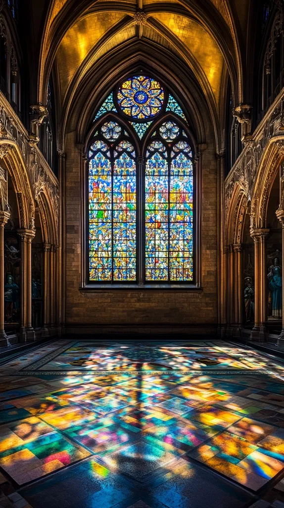 Sunlight streams through a magnificent stained-glass window in a Gothic chapel, illuminating the floor with vibrant, multicolored patterns.  The large window, featuring intricate religious scenes, is set within a high arched recess. The chapel's architecture is breathtaking, with ornate stonework, pointed arches, and a soaring vaulted ceiling.  Statues are visible in alcoves along the walls, adding to the sense of history and reverence within the sacred space.  The overall effect is one of awe-inspiring beauty and spiritual tranquility.