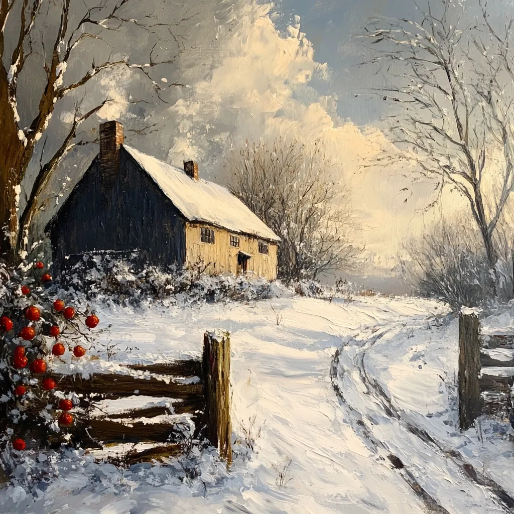 A snow-covered landscape painting depicts a rustic farmhouse nestled amongst leafless trees.  A snow-dusted path winds towards the viewer, leading past a weathered wooden fence.  Bright red berries peek from a bush in the foreground, adding a splash of color to the winter scene. The sky is a mix of cloudy gray and bright patches of sunlight, creating a dramatic and peaceful atmosphere.  The impasto style of the paint adds texture and depth to the image.