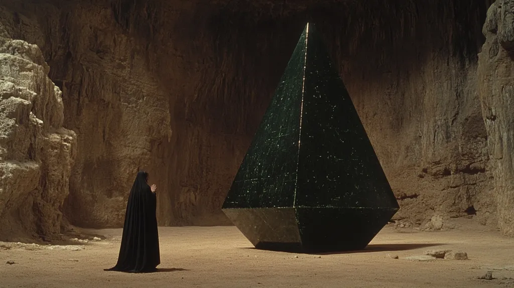 A cloaked figure stands in a cavernous space, gazing at a large, dark, pyramid-shaped object.  The object is smooth and seems to be made of a polished, dark material. The cave walls are rough-textured, light tan in color, with uneven surfaces. The overall atmosphere is mysterious and somber, suggesting a scene of reverence or contemplation before a significant artifact.  The lighting is subdued, focusing on the central figure and the enigmatic object.