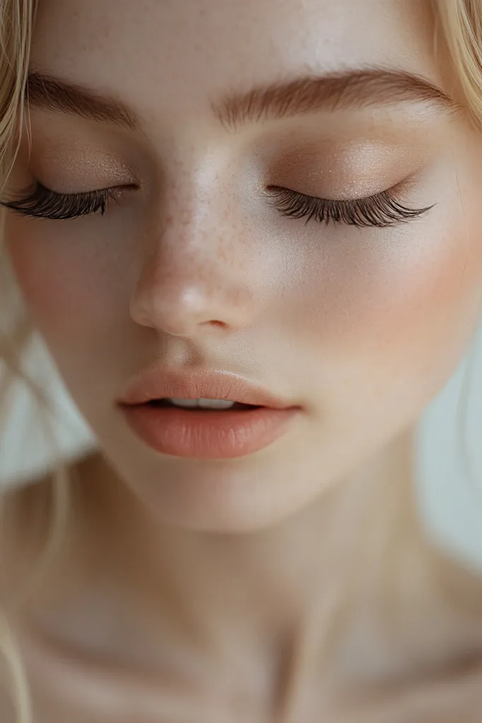 Close-up of a young woman's face.  Her eyes are closed, showcasing long, dark eyelashes and subtly applied peachy eyeshadow.  Her skin is fair with delicate freckles and a natural glow.  She has full, softly colored lips and well-defined eyebrows. The overall impression is one of natural beauty and serenity.  Her blonde hair is softly visible at the edges of the frame.