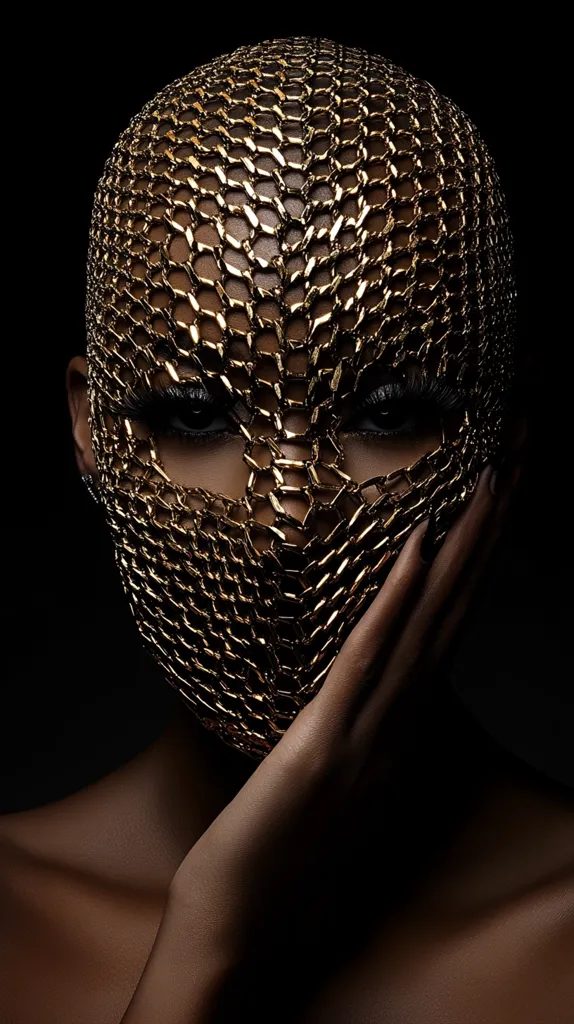 Here is a description of the image:

Close-up view of a person of color's face, mostly obscured by a gold chainmail mask that covers the entire head and face, leaving only the eyes and a bit of the jawline visible. The mask's intricate design creates a textured, almost scale-like effect. The model's hand gently rests on their cheek, adding a touch of intimacy to the otherwise stark image. The background is pure black, emphasizing the golden mask and the model's dark skin. The lighting highlights the mask's texture and the model's eyes, creating a striking contrast between light and shadow. The overall mood is one of mystery and elegance, with a hint of power and strength.