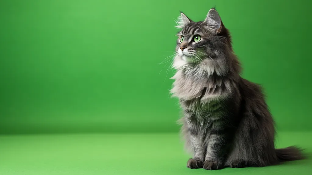 Here's a description of the image:

A long-haired grey tabby cat sits against a solid bright green background.  The cat is facing slightly to its right, its gaze directed upward and to the side.  Its fur is thick and appears soft, with darker grey stripes visible.  The cat's green eyes are prominent. The image is well-lit and sharply focused, with a shallow depth of field emphasizing the cat. The overall impression is one of serene elegance.