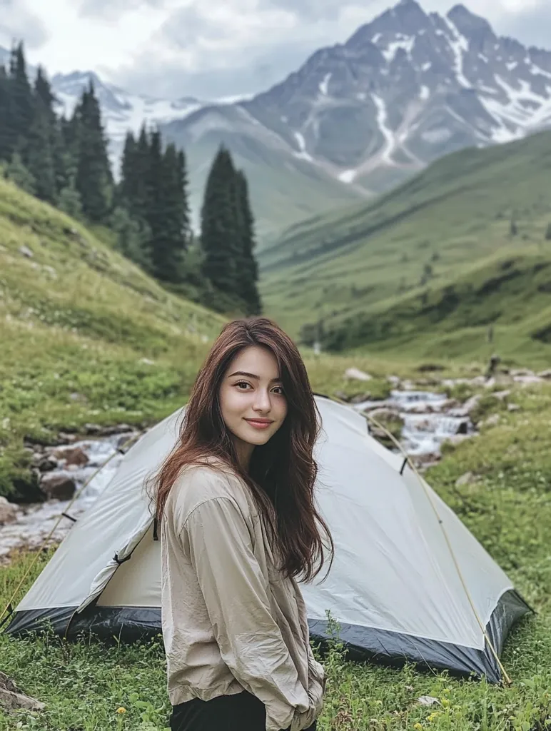 A young woman with long brown hair smiles gently at the camera. She's wearing a light beige long-sleeved shirt and stands beside a small, grey tent pitched in a verdant alpine meadow. A clear stream flows nearby, and a majestic, snow-capped mountain range forms a stunning backdrop. The scene evokes a sense of serenity and adventure in a picturesque natural setting.