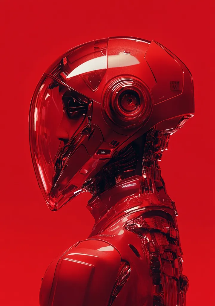 Here's a description of the image:

The image showcases a profile view of a futuristic, crimson-red robot or cyborg.  The figure is predominantly rendered in glossy, translucent red, revealing intricate mechanical details beneath the surface.  A large, helmet-like headpiece with a clear visor dominates the composition, partially obscuring the face.  The robot's neck and shoulder structure display complex, layered mechanisms, suggesting both strength and vulnerability.  The vibrant red color and sharp lines of the design create a striking, almost menacing aesthetic against the solid red background.