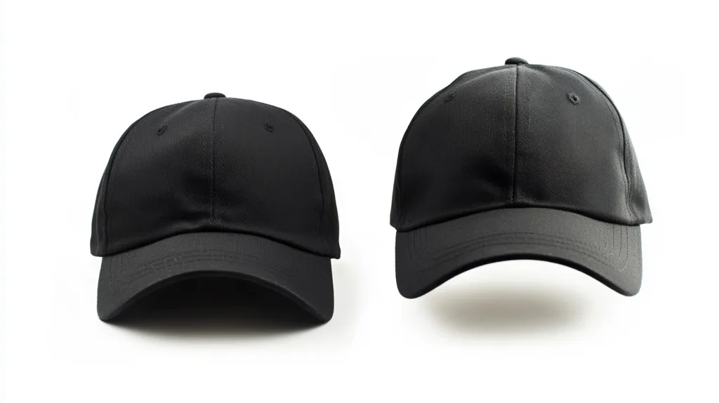 Here's a description of the image:

The image shows two identical black baseball caps displayed against a stark white background. One cap is shown from the front, with the bill facing downward, while the other is shown from a side angle, its bill slightly lifted.  Both caps appear to be made of a solid, dark fabric and are simple in design, lacking any logos or embellishments.  The lighting is even, highlighting the smooth texture of the caps.  The overall impression is one of clean, minimalist presentation, suitable for product catalog imagery or promotional materials.