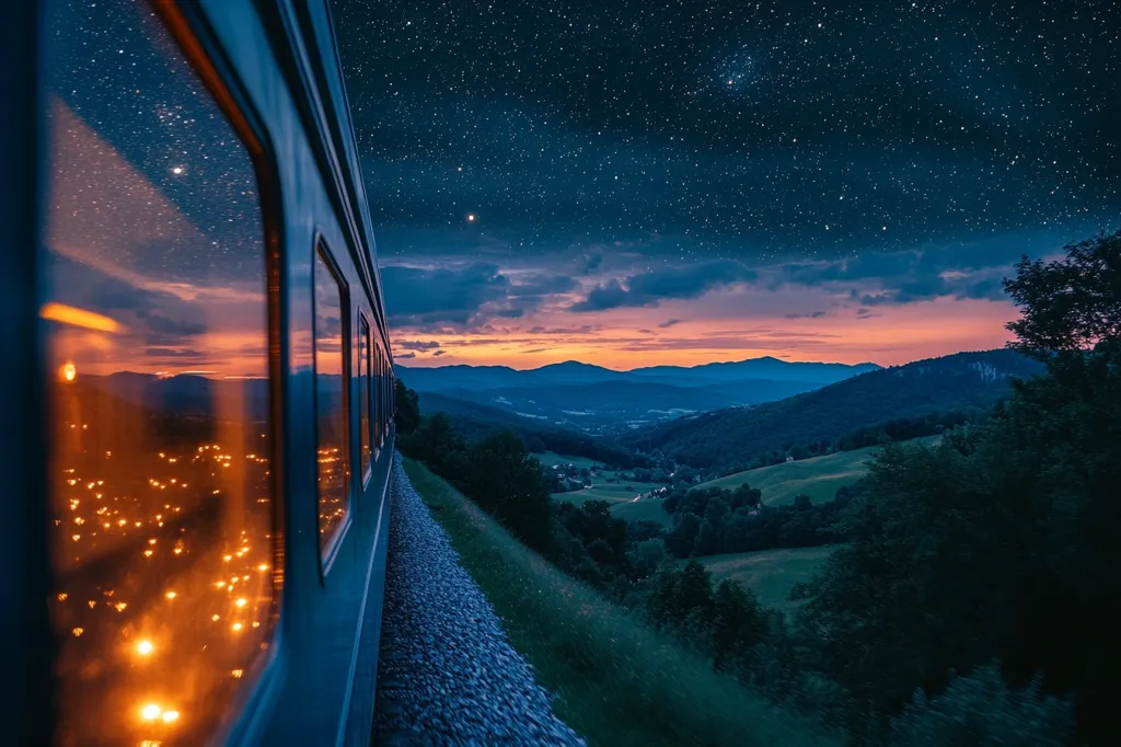 A train glides through a breathtaking landscape at twilight.  The windows reflect a fiery sunset mirroring the colors painted across the rolling hills and mountains.  Above, a star-studded night sky stretches endlessly, contrasting with the warm hues below.  The train's journey offers a captivating view of nature's beauty, merging the serenity of night with the vibrant energy of sunset.  The scene evokes a sense of adventure and tranquility.