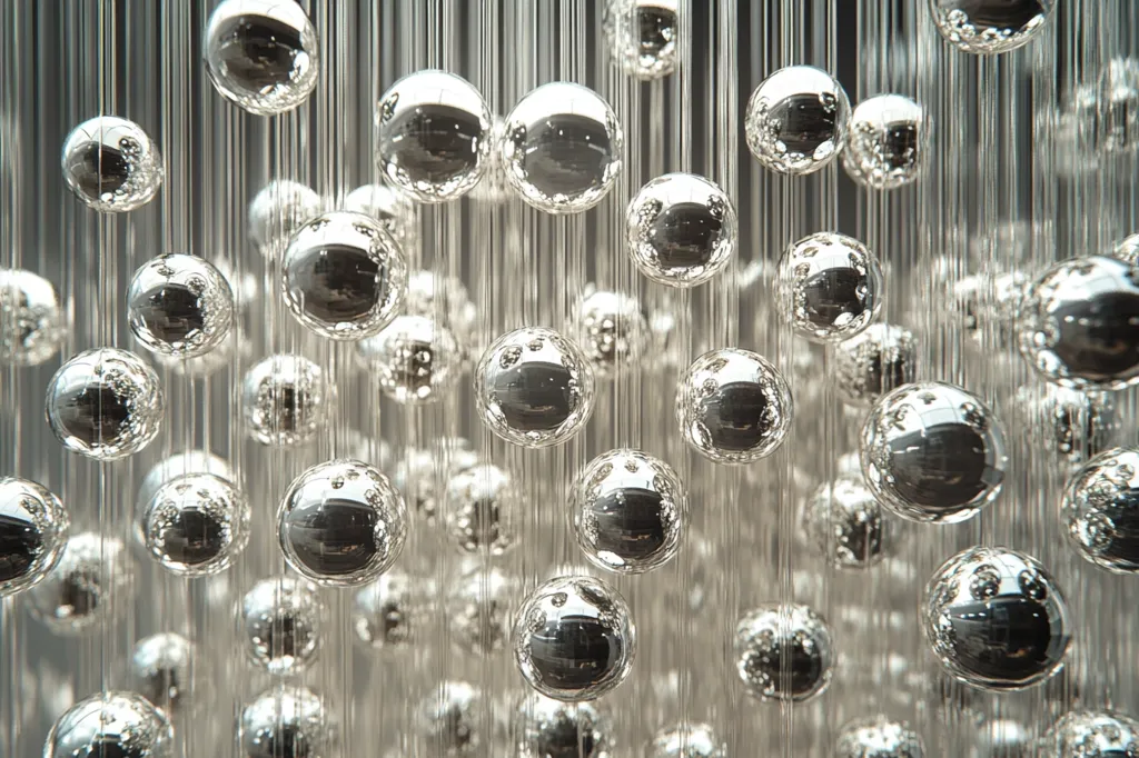 Here's a description of the image:

The photograph shows a dense cluster of numerous, reflective, silver spheres suspended from thin, nearly invisible strings.  The spheres vary slightly in size, creating a three-dimensional, cascading effect. They appear to be made of glass or a similar material, reflecting light and subtly distorting the background. The overall impression is one of elegance, sophistication, and perhaps, even a touch of futuristic design. The background is dark and out of focus, drawing attention to the shimmering spheres.