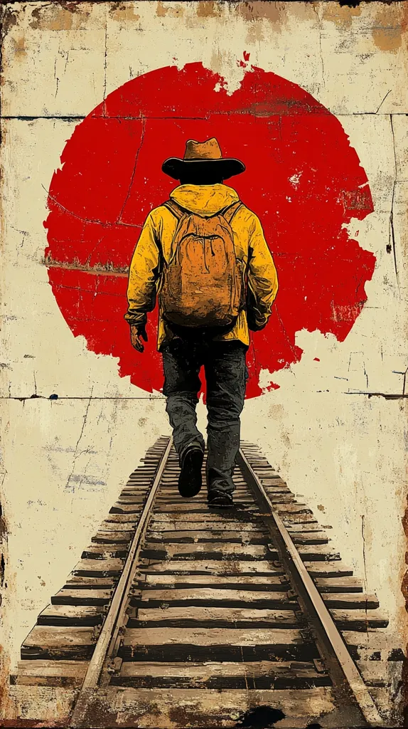 The image depicts a lone figure, a man wearing a yellow jacket, brown backpack, and cowboy hat, walking away from the viewer down a set of train tracks.  A large, red, sun-like circle dominates the background, appearing worn and textured like a painted wall.  The overall style is vintage or distressed, giving the impression of a poster or print, possibly suggesting themes of journey, solitude, or the American West. The color palette is muted with earthy tones contrasting against the vibrant red backdrop.