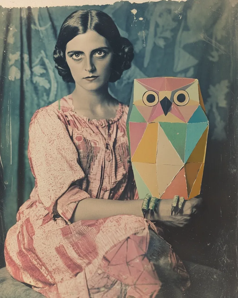 Here's a description of the image:

The image is a stylized portrait featuring a woman in a pink and white patterned dress. She has dark hair styled in a bob and a serious expression.  She is seated and holding a large, geometric, multicolored owl sculpture made to look like a paper craft. The owl's design is vibrant and contrasts with the muted tones of the woman's clothing and the somewhat aged background.  The overall aesthetic blends vintage photography techniques with a modern artistic touch, creating a slightly surreal and intriguing effect. The background features a mottled, greenish-blue backdrop that adds to the vintage feel.