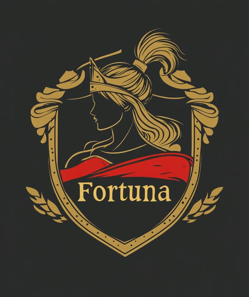 The image is a logo featuring a stylized profile of a woman, possibly Fortuna, the Roman goddess of fortune. She wears a crown and her long hair is pulled back.  The profile is set within a gold heraldic shield, adorned with ornate flourishes and wheat-like sprigs at the base. A red sash drapes across her shoulders.  The word "Fortuna" is prominently displayed below her. The overall style is elegant and classic, using gold and red against a dark background.