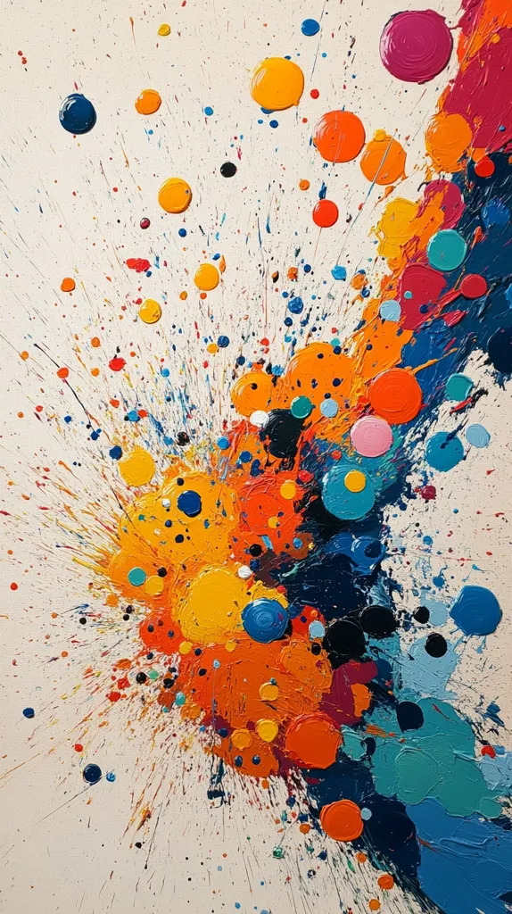 The image is an abstract painting dominated by a vibrant explosion of color.  A creamy off-white background is splashed with various sized circles and splatters of bright hues – oranges, yellows, blues, pinks, and reds.  The paint appears thick and textured, creating a sense of movement and energy.  The colors are bold and contrasting, suggesting a dynamic and joyous composition.  The overall effect is one of playful chaos and visual excitement.