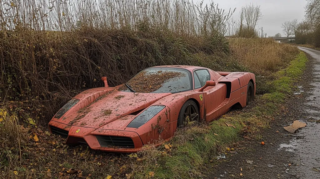 A rusty, mud-caked Ferrari Enzo is partially submerged in a ditch beside a country lane.  Leaves and debris cover the car's body. The surrounding vegetation is overgrown, suggesting the vehicle has been abandoned for a considerable period.  The scene is overcast and the overall impression is one of neglect and abandonment of a high-value vehicle.
