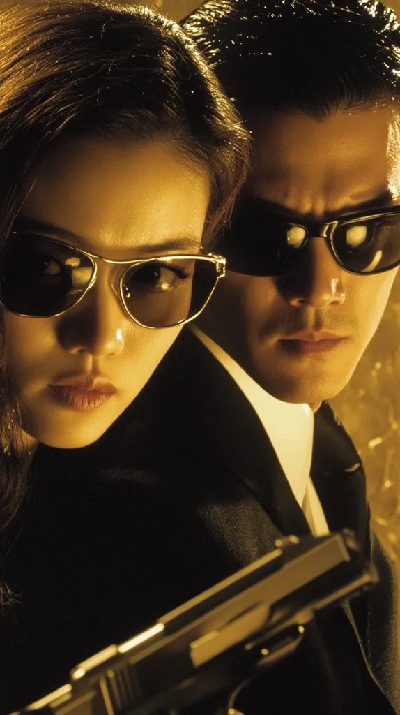 Here's a description of the image:

Close-up of a man and woman, both wearing dark suits and sunglasses, appearing to be in a clandestine or secretive setting. The woman, with long dark hair, is positioned slightly behind and to the left of the man, her expression serious and somewhat guarded. The man has short, dark hair, and his expression is intense and stern. A handgun is partially visible in the foreground, suggesting a potentially dangerous or action-oriented scene. The lighting is dramatic, emphasizing shadows and highlights, creating a moody atmosphere. The overall aesthetic evokes a film noir or action thriller style.