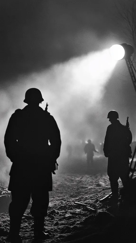 Here is a description of the image:

The black and white photograph captures two silhouetted soldiers, possibly German, standing amidst a smoky, nocturnal battlefield.  A powerful spotlight illuminates the scene from the upper right, casting a dramatic beam across the rough terrain.  The soldiers are sharply defined against the hazy background, their rifles partially visible.  Another, more indistinct figure is seen in the distance, adding to the atmosphere of war and uncertainty.  The overall mood is somber and evokes the harsh realities of conflict.