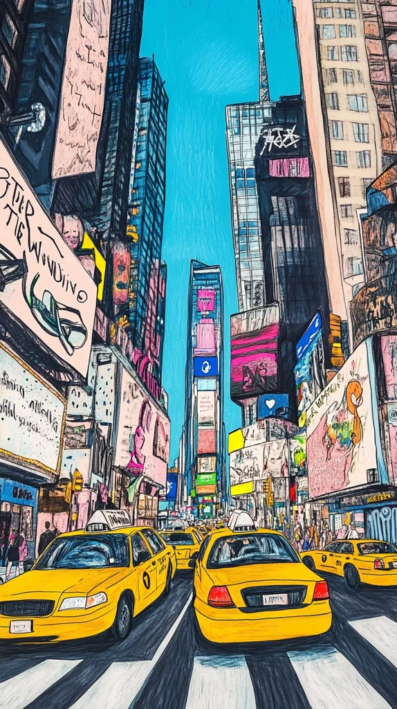 Here's a description of the image:

The illustration depicts a vibrant, stylized view of Times Square in New York City, rendered in a colorful, almost cartoonish drawing style.  Tall buildings densely packed with bright, eye-catching advertisements tower on either side of a busy street.  Yellow taxis are prominently featured, moving through the crosswalk in the foreground. The style is reminiscent of a sketched cityscape, with bold lines and saturated colors, giving it a dynamic and energetic feel.  The bright blue sky contrasts sharply with the busy, bustling street scene below. The overall impression is one of urban excitement and visual overload, characteristic of Times Square.