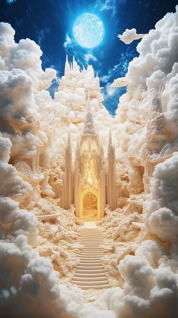 A breathtaking digital artwork depicts a celestial city nestled within voluminous clouds.  A grand, luminous castle with gothic architecture stands at the center, its entrance marked by a staircase leading towards a radiant, golden interior.  The scene is bathed in the soft glow of a large, pale moon in a star-studded night sky.  The overall aesthetic is ethereal and dreamlike, suggestive of a heavenly or fantastical realm.