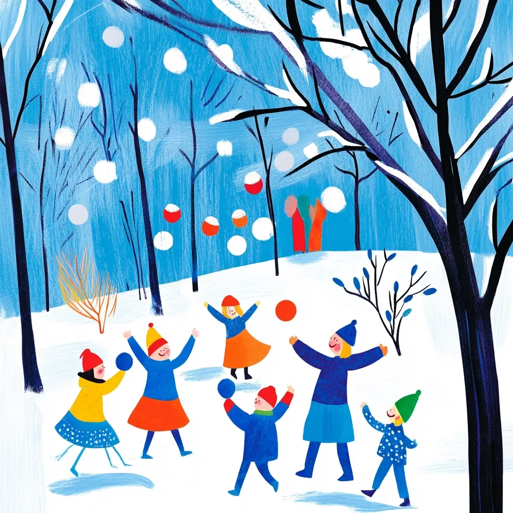 A whimsical illustration depicts children joyfully playing in a snowy winter park.  Brightly colored figures, wearing hats and scarves, toss snowballs amidst a backdrop of stylized, snow-laden trees and a vibrant blue sky.  The scene is filled with playful energy and a sense of winter fun, showcasing a childlike imagination through bold colors and simple lines.  Orange and blue snowballs add a touch of fantasy to the realistic winter setting.
