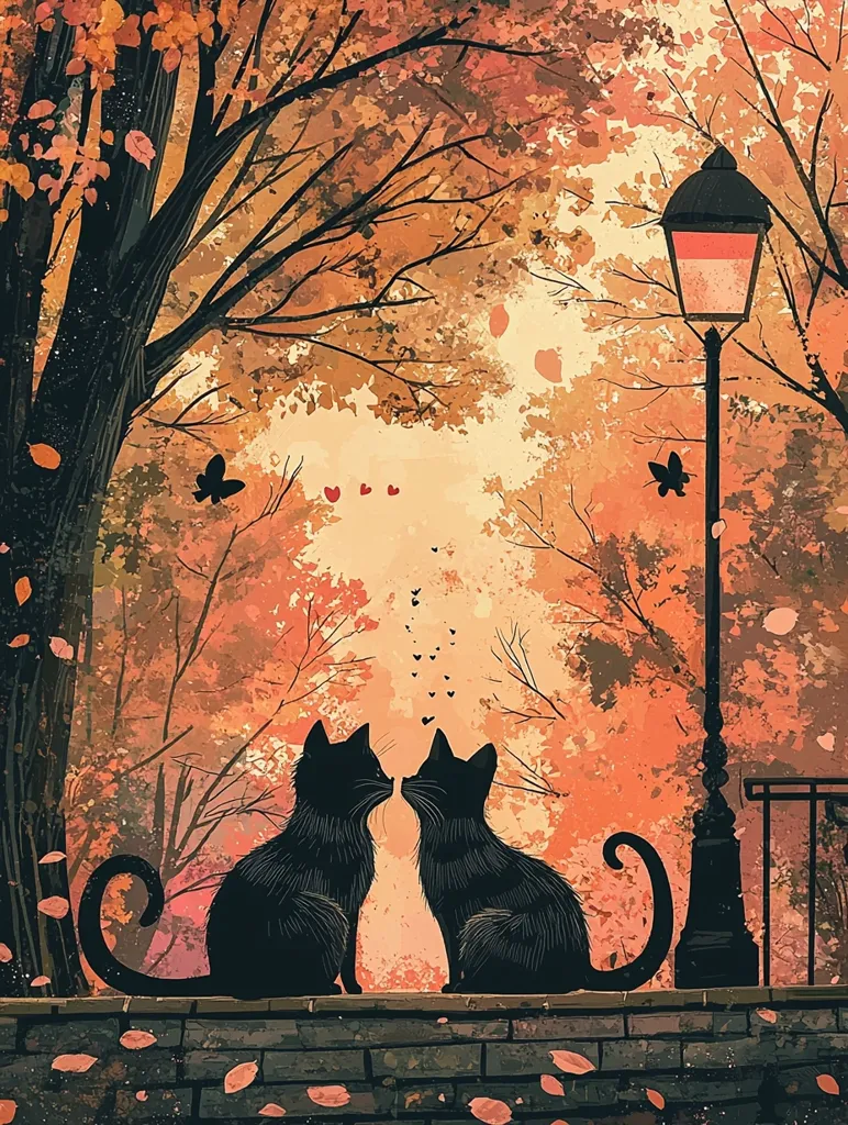Here's a description of the image:

The artwork depicts a romantic autumn scene. Two black cats are nestled together, noses touching, on a low brick wall.  They're silhouetted against a warm, orange and brown autumnal backdrop of trees ablaze with falling leaves.  Tiny hearts float between them, adding to the romantic ambiance. A classic lamppost stands to the right, and butterflies flutter amidst the leaves. The overall style is painterly, with soft, blended colors and a slightly whimsical feel. The scene evokes feelings of warmth, romance, and the beauty of autumn.