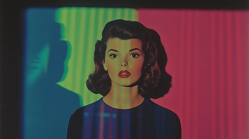 A striking portrait of a woman with dark, styled hair, reminiscent of the 1950s. She wears a dark, possibly navy, dress and her expression is one of slight apprehension or surprise.  The backdrop is a vibrant, vertically-striped screen displaying teal, lime green, and crimson sections, casting a colored shadow on her and adding a surreal, cinematic feel.  The image evokes a sense of mystery and old Hollywood glamour.
