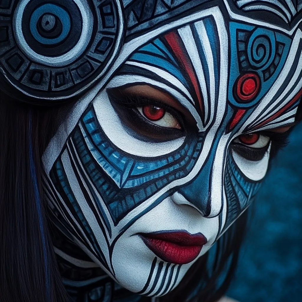 Here's a description of the image:

Close-up view of a person's face adorned with intricate face paint. The design is predominantly blue, white, and red, featuring geometric patterns and stylized lines reminiscent of tribal or futuristic motifs. The eyes are accentuated with red contact lenses, adding to the dramatic effect.  The paintwork resembles a mask, covering the entire face and extending onto what appears to be a headdress. The overall aesthetic is bold, striking, and somewhat otherworldly. The background is a blurred dark teal, contrasting with the vibrant colors of the face paint.