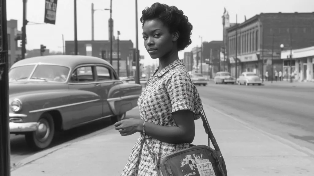 A black and white photograph captures a young Black woman standing on a city sidewalk. She's elegantly dressed in a short-sleeved, patterned dress and carries a shoulder bag.  Her hair is styled in a sophisticated updo.  The background shows a bustling street scene of 1950s vintage cars and pedestrians, suggesting a mid-20th-century urban setting. The woman's direct gaze holds a sense of confidence and poise amidst the city's activity. The image evokes a sense of time and place, highlighting both the fashion and social context of the era.