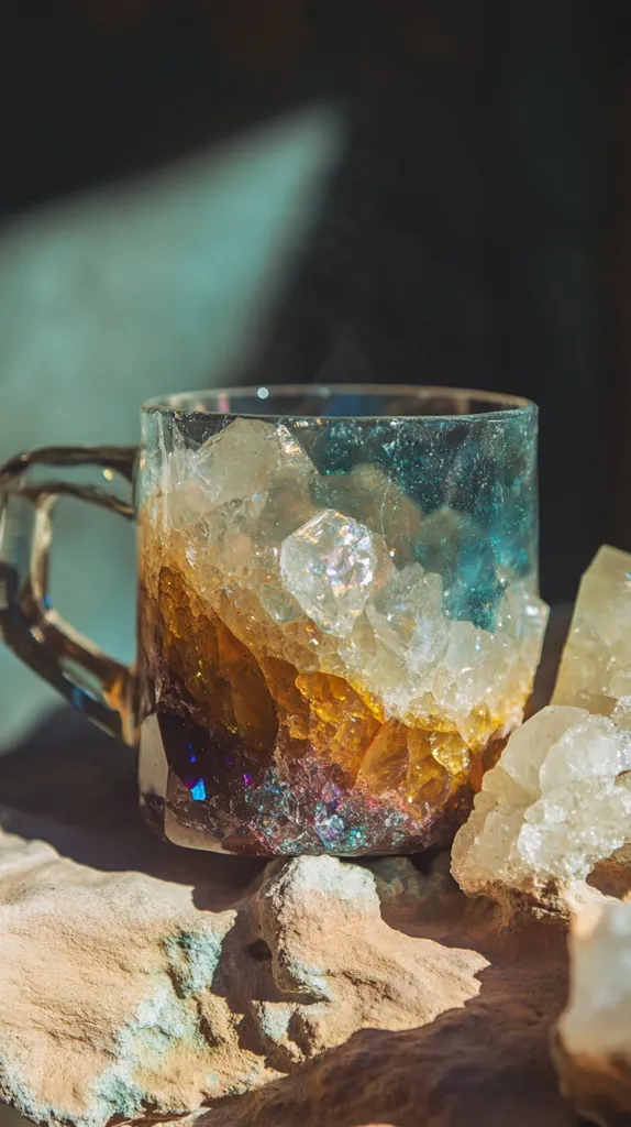 Here's a description of the image:

Close-up view of a mug crafted from resin, incorporating various colorful crystals. The mug's handle is visible, and the interior seems to be filled with a mixture of clear and amber-colored crystals, with hints of purple and teal visible at the base. The mug rests on a rough, light-brown rock formation, alongside additional clusters of white and translucent crystals. Sunlight casts shadows, highlighting the texture of the rocks and the crystalline formations within the mug. The overall aesthetic is earthy, artistic, and somewhat mystical.