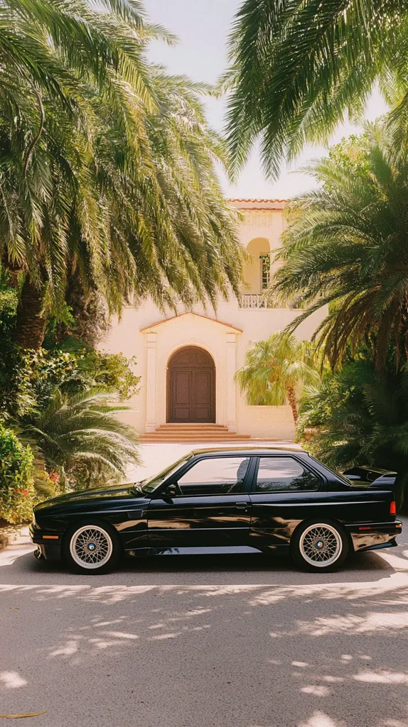 A sleek, black BMW E30 sits before a Mediterranean-style villa, partially obscured by lush palm trees casting dappled shadows. The house, painted a pale yellow, features a grand arched doorway and hints of classic architectural details. Sunlight filters through the palm fronds, creating a vibrant, warm atmosphere. The scene evokes a sense of luxury and relaxation, suggesting a wealthy, tropical setting.  The car’s clean lines contrast beautifully with the organic shapes of the foliage.